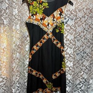 American Vintage Black Sleeveless Midi Dress with Orange & Green Floral Accents